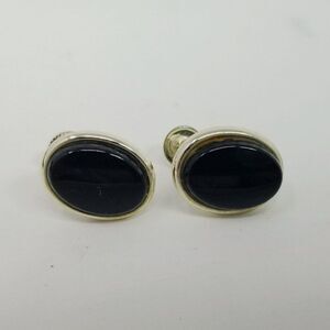 Vintage Longcraft Black Oval Clip On Earrings, Silver Tone Setting, Screw Backs
